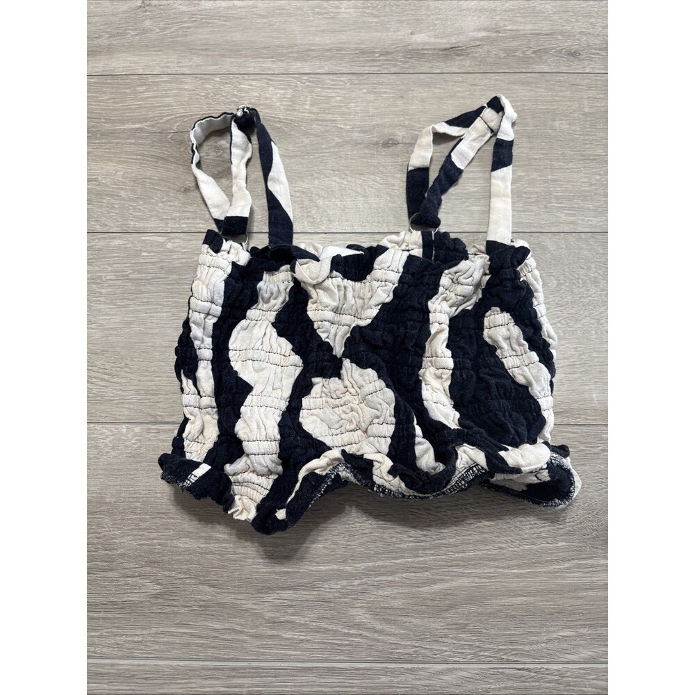Paper Heart Australia Linen Smocked Crop Top Navy Ivory Vacation Beach Sz Large